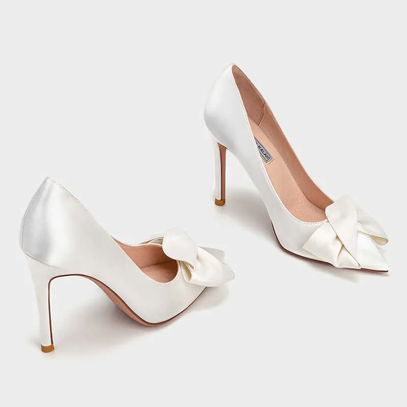 Point Toe White Bow Thin High Heel Bridal Shoes Women Size 41 To 44 Bridesmaid Wedding Shoes Female 210721