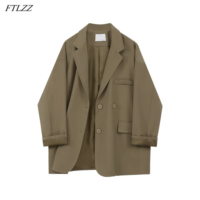 Frühling Ankunft Büro Damen Vintage Solid Black Khaki Blazer Frauen Zweireiher Anzug Lose Mode Jacke 210430