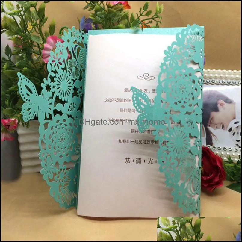 Greeting Cards 40pcs/pack Shiny Pearl Paper Wedding Invitation Card Flower Laser Cut Carved 3D Butterfly Invitations For Birthday