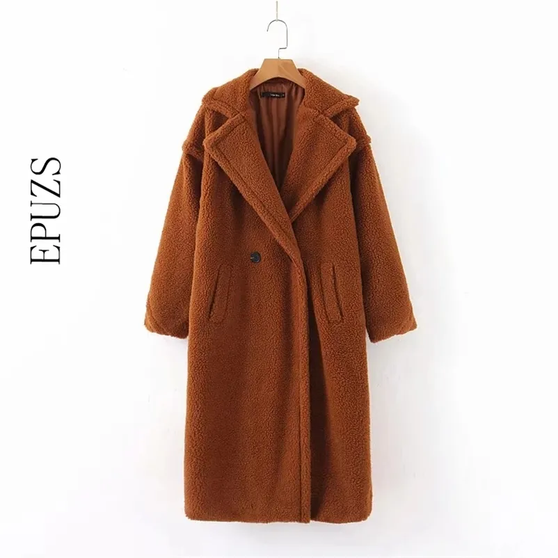 Zima Faux Fur Coats Kobiety Długi Płaszcz Rękaw Ciepła Kurtka Lambwool Koreański Gruby Miś Futro zimowe 210521