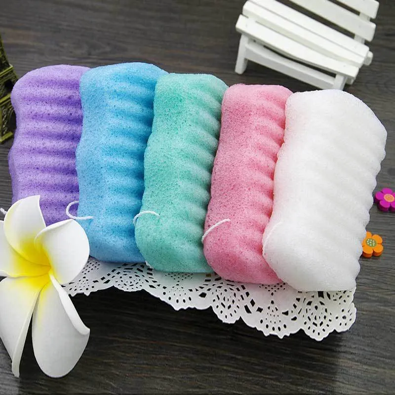 Esponja de puf de baño de moda, Konjac Natural, limpieza de la piel del cuerpo, paño de lavado de cara, venta al por mayor, Bola de ducha colorida