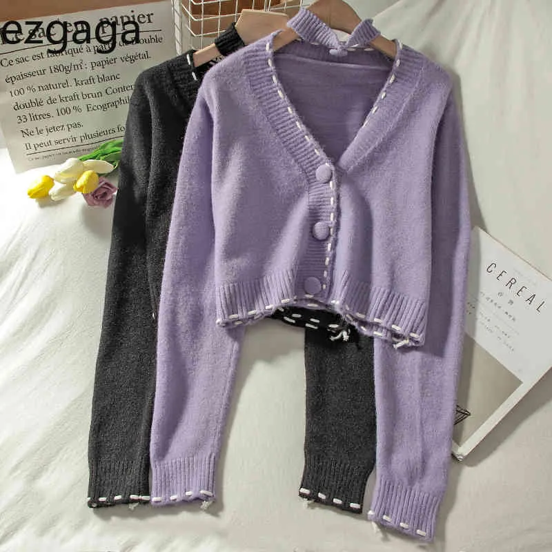 Ezgaga Maglione Donna Moda Autunno Nuovo scollo a V monopetto manica lunga cardigan lavorato a maglia Temperamento Ragazza Top Chic Casual 210430