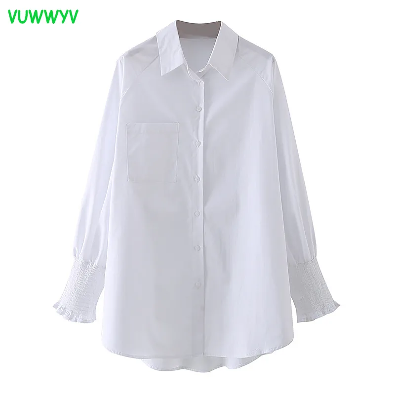 Vårvita Casual Oversized Women T Shirts Pocket Button Up SHIRT Långärmad Elastisk Cuff Streetwear Woman Blouses Toppar 210430