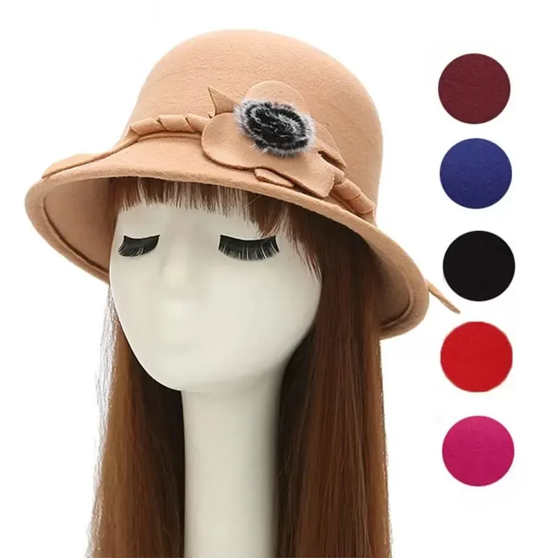 Sombreros de ala tacaños 1 Uds sombrero de lavabo de lana sintética para otoño e invierno señoras ocio bola de piel superior moda fieltro de lana
