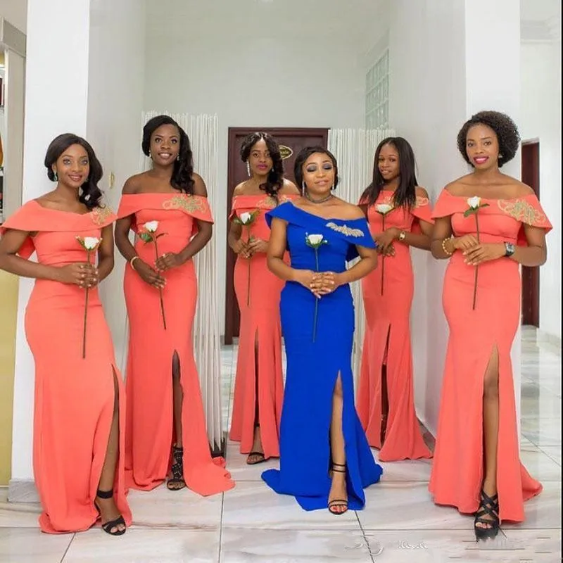 Custom Made Coral Royal Blue Mermaid Orange Satin Bridesmaid Dresses With Bateau Neckline Short Sleeves And Side Split Perfect For Formal Parties And Maid Of Honor Gowns From Babynice666 79.24 DHgate....