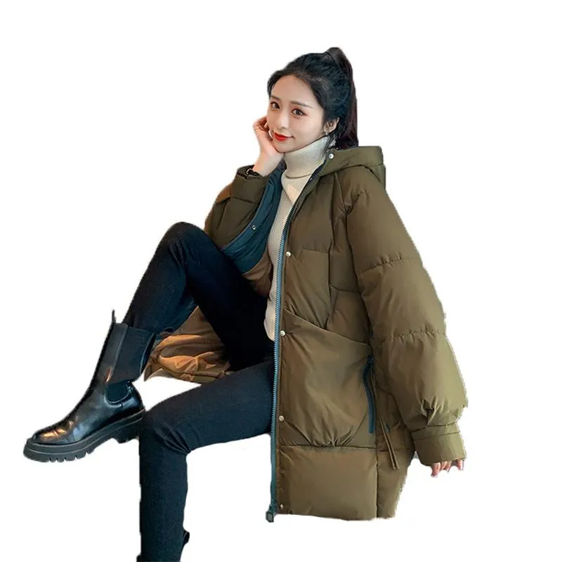 نساء أسفل باركاس معطف القطن الأسود أنثى 2021 شتاء أزياء مقنعين جيب كثيف الدفء بالإضافة إلى حجم مزاج فضفاضة سترة N1521