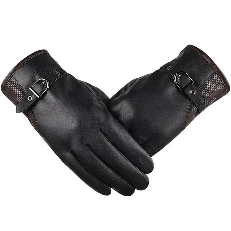 Gants sans doigts Kingstar hommes écran tactile textos hiver PU simili cuir conduite longue doublure polaire mitaines noires