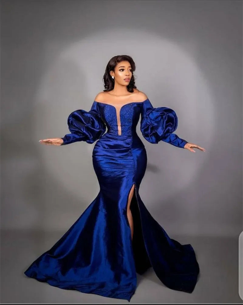 blue dress for baby girl Off-Shoulder Royal Blue Satin Flower Mermaid Formal Dress main image 0