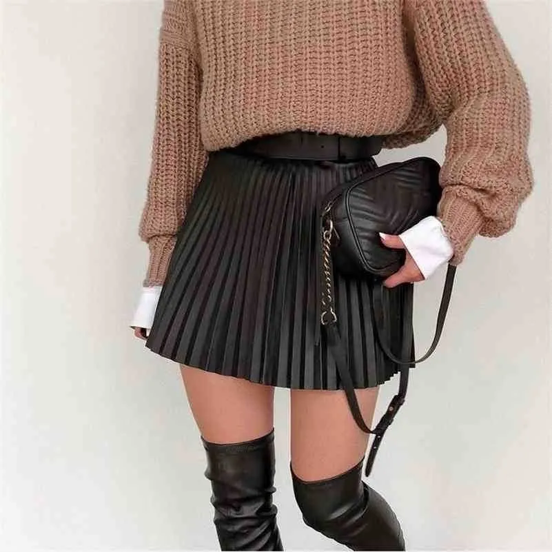 Summer High Waist Pleated A-line Women Mini Skirt Faux Leather Women's Short Spring Autumn Casual Ladies Bottoms 210323