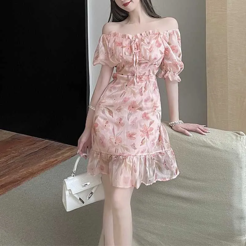 Summer Short Sleeve Floral Dres French Sweet Ruffles Design Kawaii Female Korean Lady Wedding Party 210604