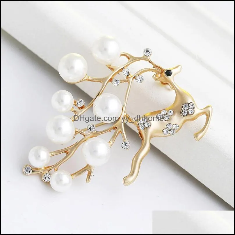 Pins, Brooches JUJIE Fashion Crystal Pearl Deer For Women 2021 Cute Animal Brooch Pins Jewelry Drop/Wholesale