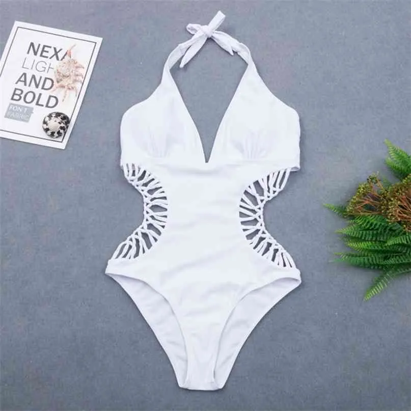 Sexig vit halter cut out bandage trikini simma baddräkt monokini push up brasilian swimwear kvinnor baddräkt 210625