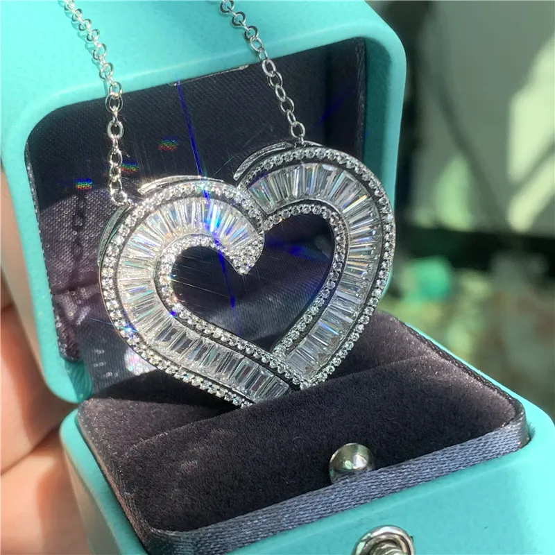 Vecalon Super Shinning Luxury Jewelry 100％925 Sterling Silver Full Princess Cut White Clear Diamond Heart Pendant Women Necklace2087