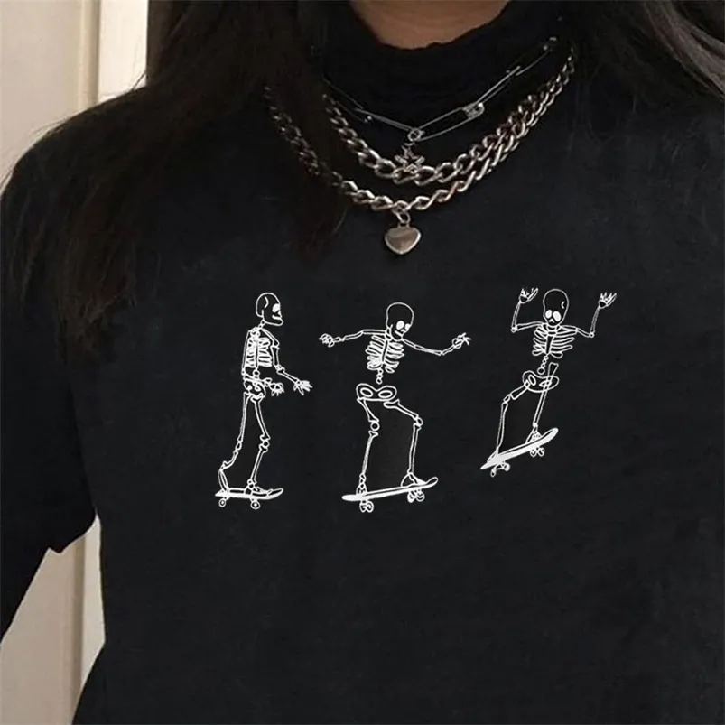 The Three skateboard skeleton Graphic Tee Punk Style Skull Cool Grunge T-shirt unisex Hallowmas tee Gift Black Women 210623