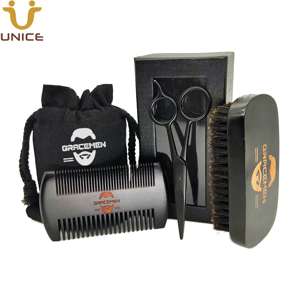 MOQ 100 sätter OEM Custom Logo Black Beard Hair Care Set med väska Box Beards Borsta Dubbelsidig Tänder Kam och Grooming Sax