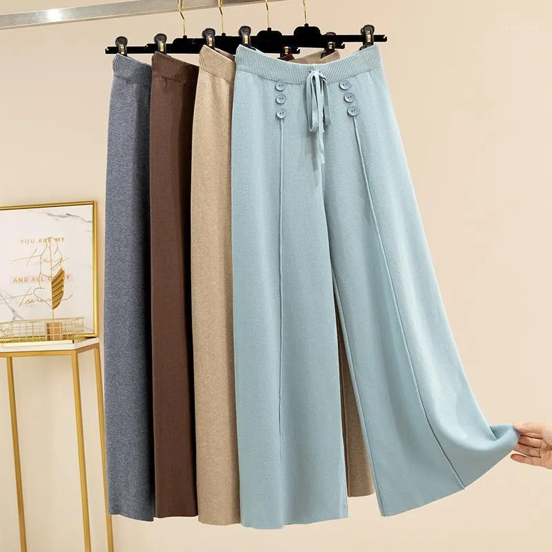 Women's Pants & Capris Women Knitted Wide Leg Thick Warm Button Autumn Winter Trousers Elastic High Waist Female Drawstring Loose Pant