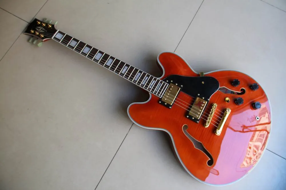 Grossistgitarrer, Custom ES Model 335 Electric Guitar Semi Hollow Jazz Guitar In Orange Burst 120110