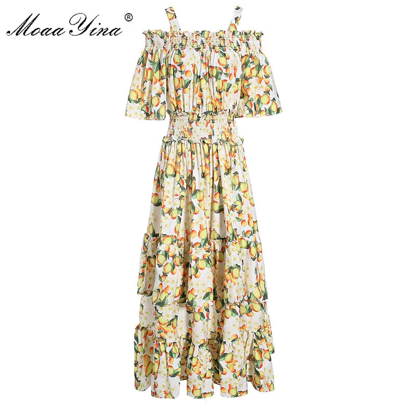 Mode Designer Dress Summer Women's Dress Off-the-Shoulder Cascading Ruffle Fruit Floral-Print Dresses 210524