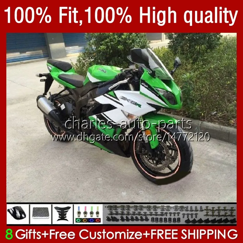 Injektionsfeedningar för Kawasaki Ninja 600cc ZX 6R 6 R 636 600 CC 2009-2012 13NO.32 ZX600 ZX636 ZX6R 09 10 11 12 ZX-636 ZX600C ZX-6R 2009 2010 2011 2012 OEM Bodys Vitgrön