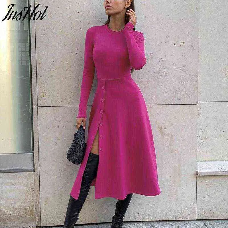 2021 Kvinnor Sexig Slit Solid Bodycon High Waist Knapp Klänning Höst Vinter Kvinna Mode Casual Office Elastic Midi Dress G1214