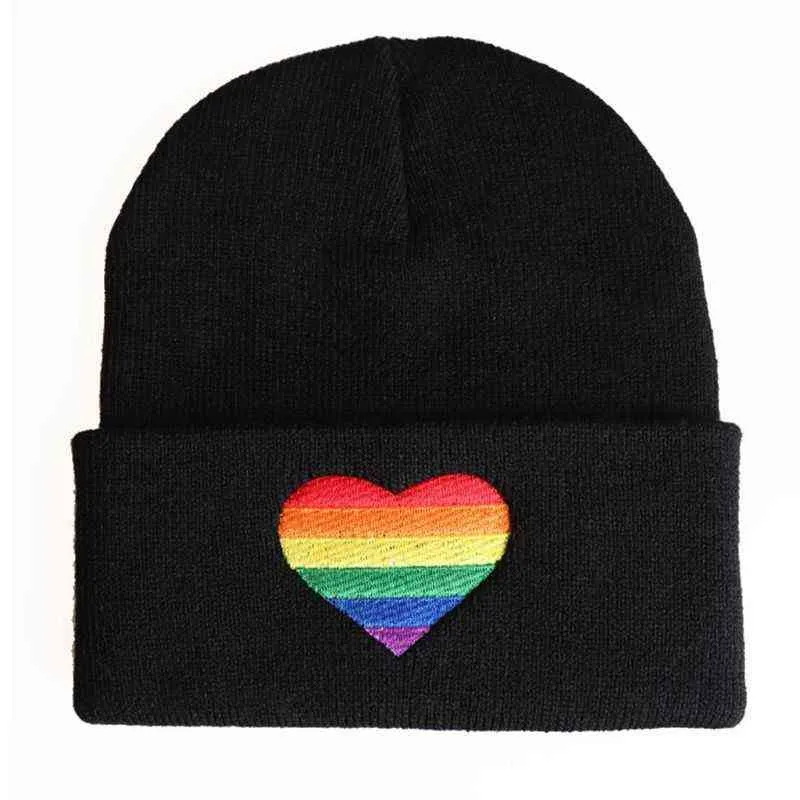 Unisex Rainbow Heart Haft Dzianiny Kapelusz Zima Jesień Pride Beanie Cap Y21111