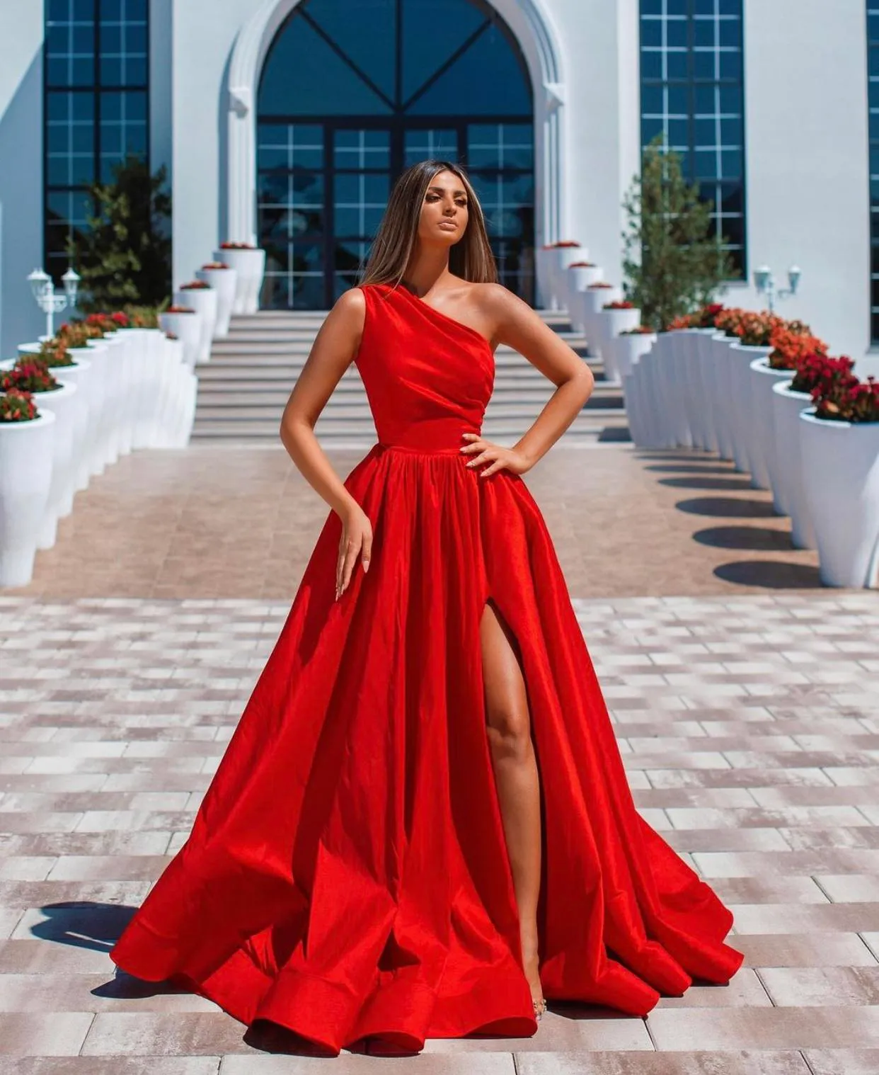 Sexy Rode Avondjurken 2021 met Dubai Formele Jurken Party Prom Dress Arabisch Midden-Oosten One Shoulder High Split Custom Made