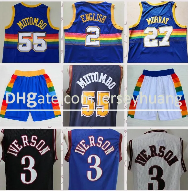 2021 homens de baixo custo retro clássico jersey jersey nikola # 132; 15 # 132; Jokic vintage Allen # 132; 3 # 132; Iverson respirável shorts tamanho S-2XL azul branco preto