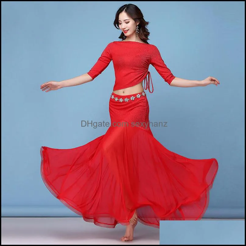 Stage Wear Fashion Women Belly Dance Clothing Stretchy Shinny Fabric Off Shoulder Ruffles Maxi Long Skirts Bellydance Costume Set 2pcs