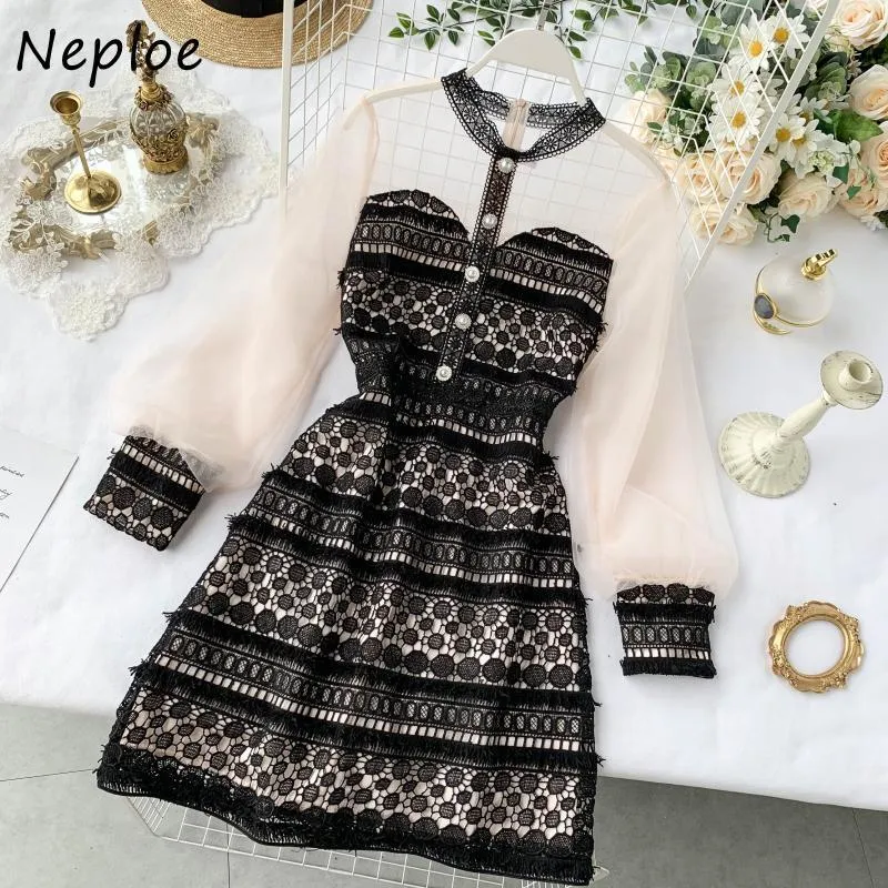 Neploe Mesh Lace Patchwork Zipper Klänning Stand Krage Elegant Lantern Sleeve Femme Vestidos Pearl Chic Knapp Klänningar Kvinnor 210423