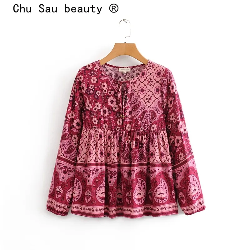 Chu sau schoonheid mode boho stijl floral print shirts vrouwen vintage chique o-hals strikje blouses vrouwelijke camisa de Moda 210508