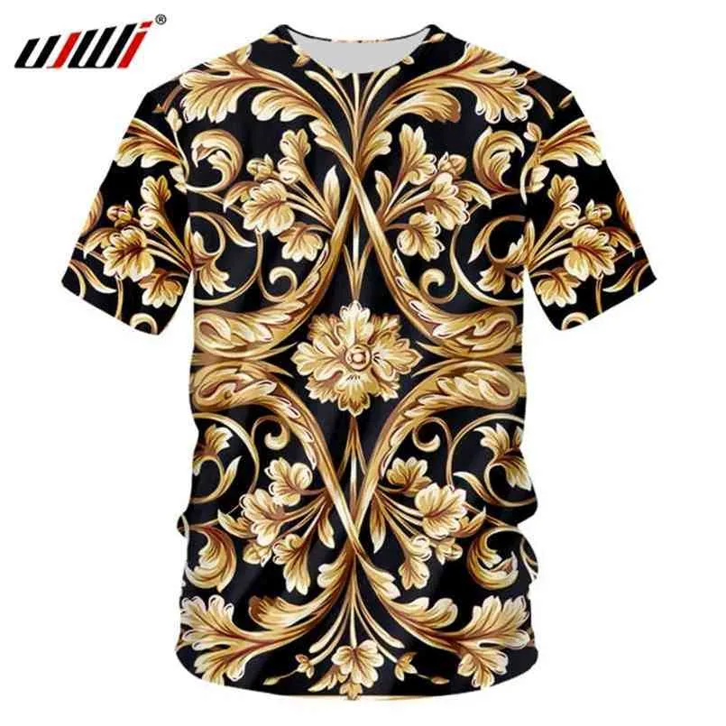 UJWI Brand Men Golden Flower T-shirt Summer 3D Print Blue T-Shirt Homme Short Sleeve Luxury Royal Baroque Clothes Tops 210714