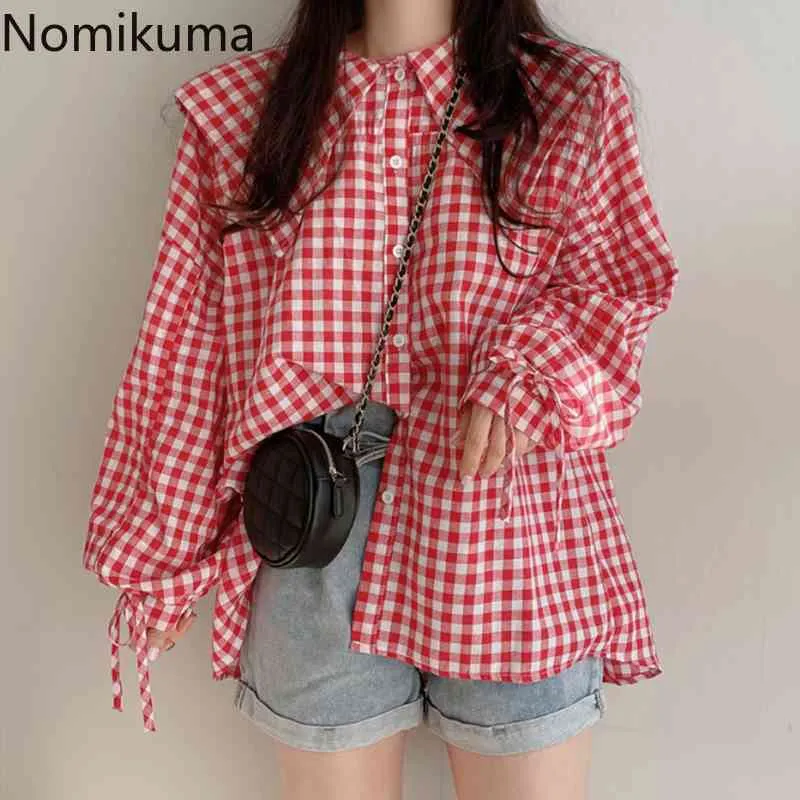 Nomikuma Koreański Chic Plaid Bluzka Topy Przyczynowe Peter Pan Collar Kobiety Koszula Wiosna Lace Up Puff Sleeve Blusas Camisas Mujer 6g155 210427