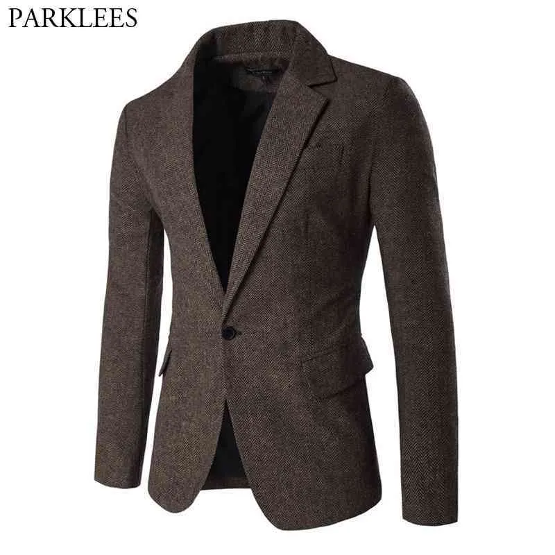 Herren-Blazer, Jacke, Fischgrätenmuster, Sportmantel, elegant, formelle Abendessen, Baumwollanzüge, schmale Passform, One-Button-Notch-Revers, lässiger Mantel, Kaffeebraun 210522