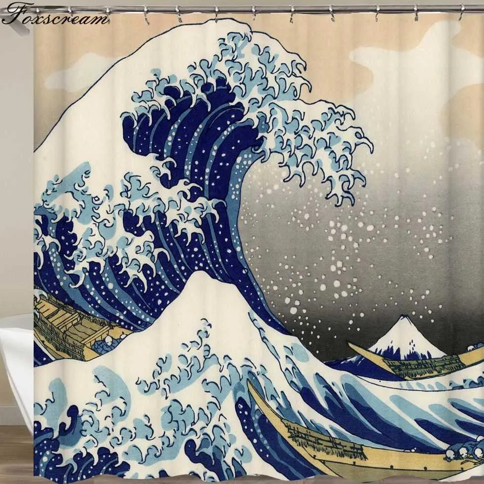 Japanese Bath shower curtain The Great Wave off Kanagawa Shower Curtain with Sea Wave Pattern Waterproof Bathroom Or Mat 210609