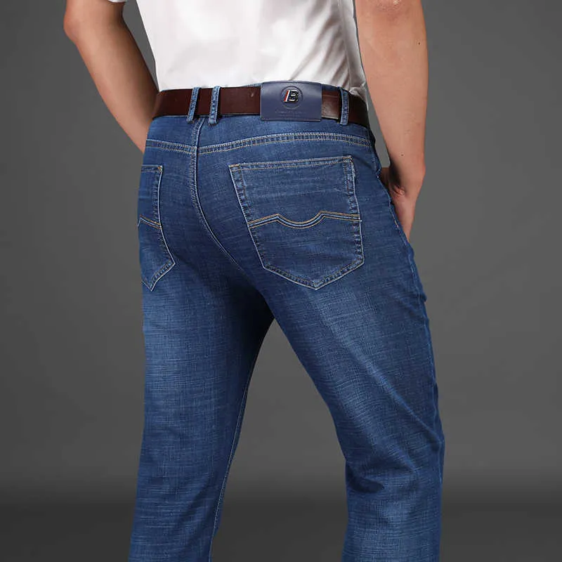 Spring and Lato Męskie Jeans High-End Brand Luźne Proste Stretch Spodnie Dorywczo Modne Spodnie Wszystkie Dopasowanie 210531