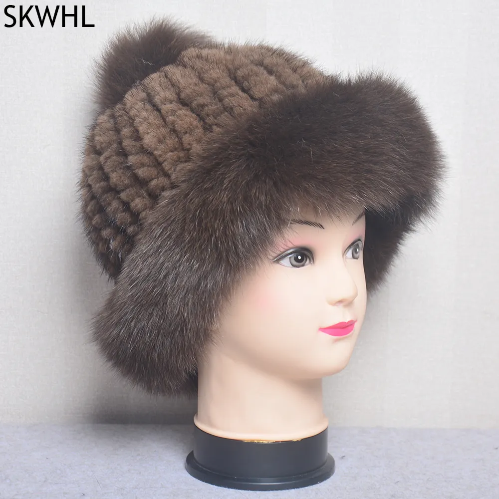 Lady Winter Outdoor Knitted Real Genuine Fox Fur Balls Kepsar Kvinnor Kepsar Mössor Mink Hat Skullies