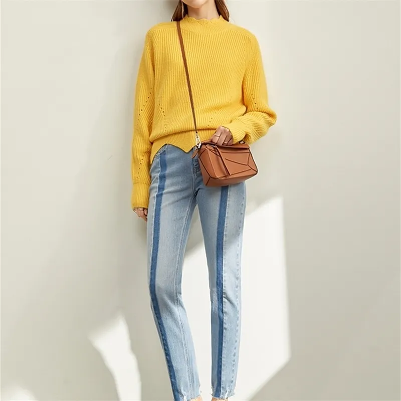 Jeans a righe patchwork Autunno Donna Coreano Vita alta Tasche con cerniera Pantaloni slim fit moda femminile 11940551 210527