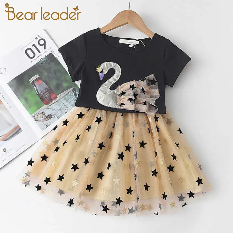 Bear Leader Kids Girls Cartoon Pattern Dress Summer Children Star Pattern Mesh Dress Party Costumes Cute Baby Clothing 3-7Y 210708