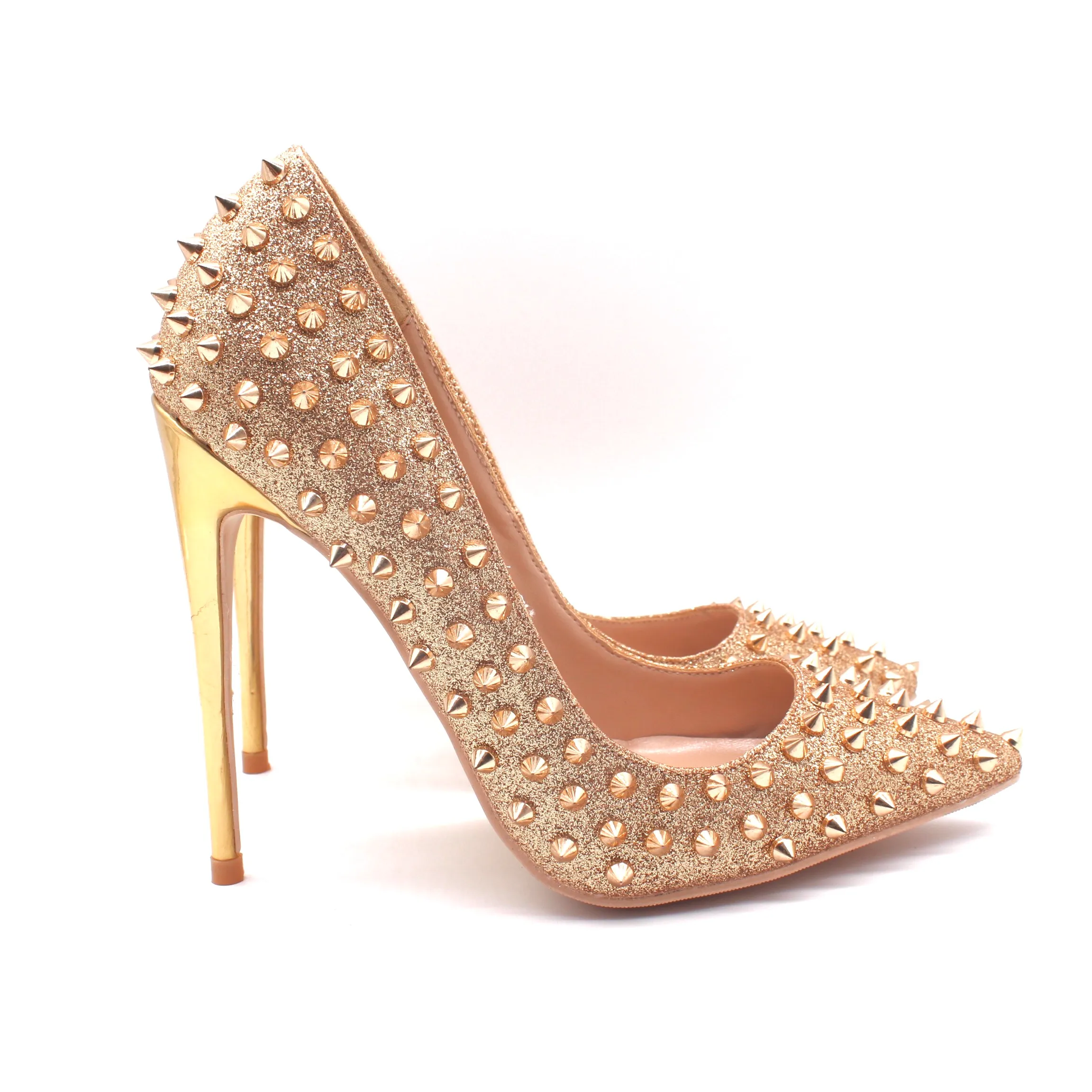 Casual Designer Sexy Lady Fashion Women Shoes Gold Glitter Strass Spikes Pointy Toe Stiletto Stripper High Heels Zapatos Mujer Prom Evening Pumps