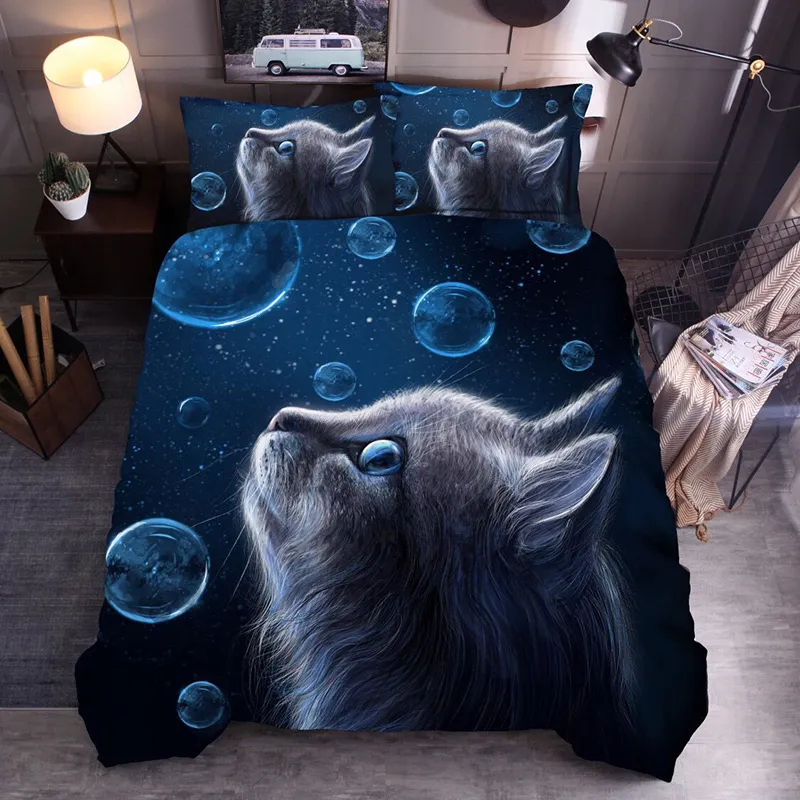 Burbujas Conjuntos De Ropa De Cama Azul 3D Galaxy Cat Animal Impreso Cubierta De Edredón Con Casas Textiles Para El Hogar Reina Completa Rey King Tamaño De Edredones De