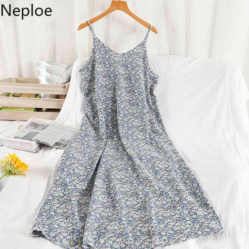 Neploe Robe D'été Floral Sans Manches Sling Dress Femmes Élégant Simple Col En V Taille Haute En Mousseline De Soie Robes Vintage Vestidos Mujer 210422