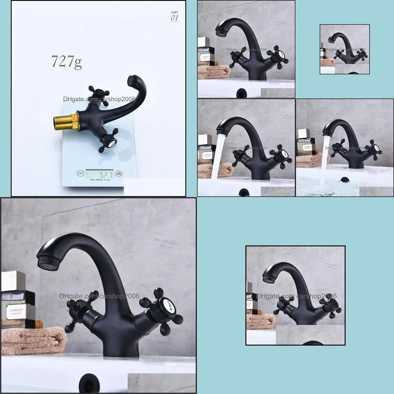 Bathroom Sink Faucets Deck Mount Two Handles Basin Faucet Black Mixer Tap And Cold Water