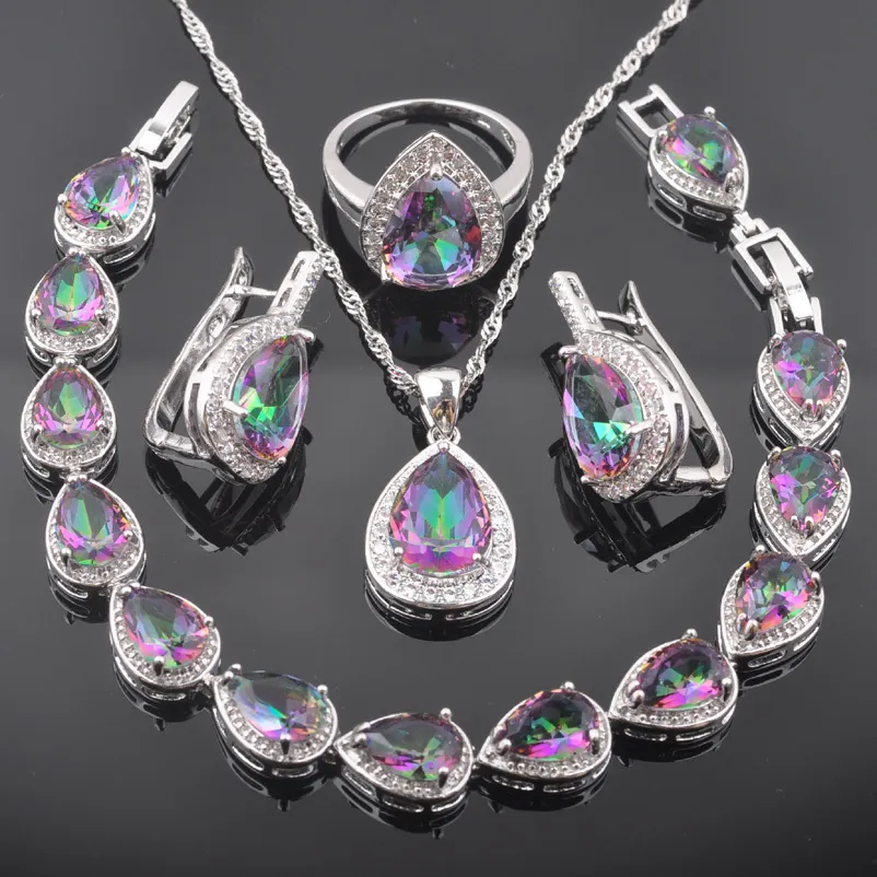 2021 goutte d'eau multicolore arc-en-ciel Zircon argent couleur ensembles de bijoux pour femmes Bracelet pendentif boucles d'oreilles anneau QS0587