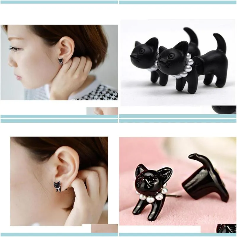 3d Cute Black Cat Piercing Stud Earrings For Women Girls And Men Pearl Channel Earring Fashion Jewelry Whol sqcrxt 