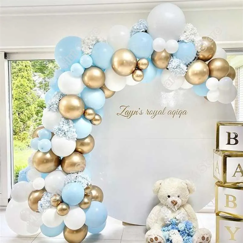 92pcs Macaron Blue Wedding Party Backdrop Baby Shower Arch Welcome Decoration Birthday Boy Golden Balloon Globos Garland Kits 211216