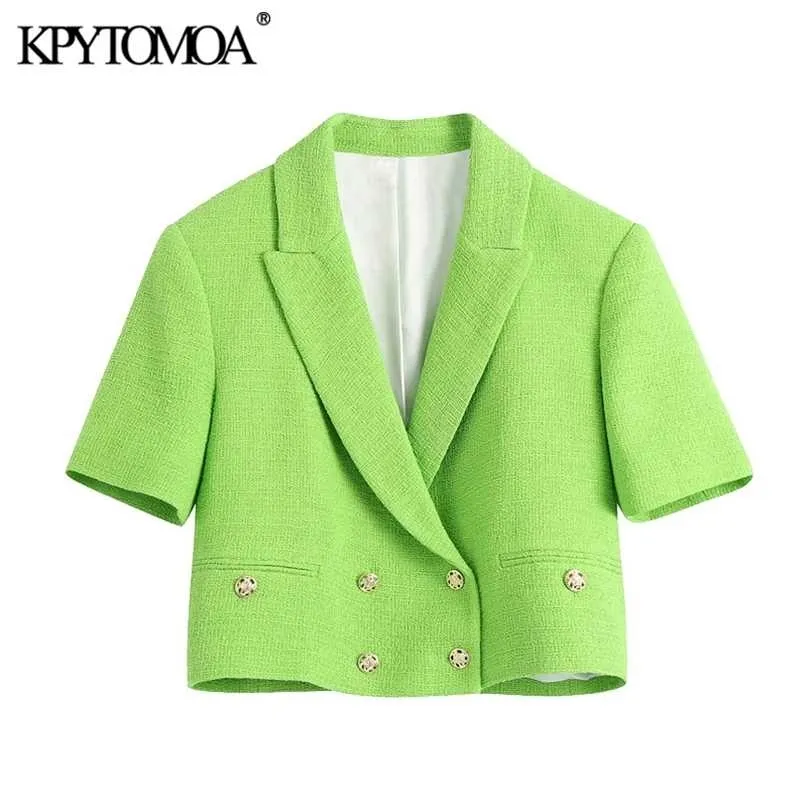 KPYTOMOA Damesmode Double Breasted Tweed Bebouwde Blazer Jas Vintage Korte Mouw Vrouwelijke Bovenkleding Chic Veste Femme 211122