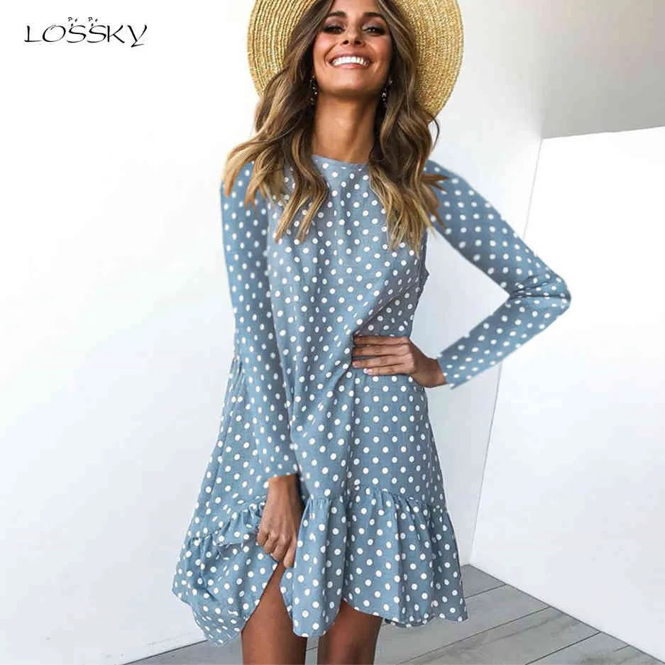 Lossky Vestito da donna primavera moda stampa a pois abbigliamento casual da donna manica lunga mini abiti corti larghi gialli 2020 autunno X0521