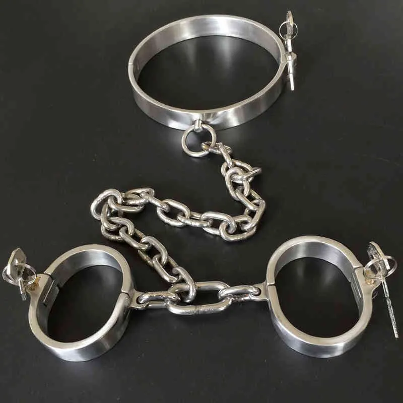 NXY Sex Adult Toy Hand Neck Bondage Cuffs Games Metal Restraints Stainless Steel Bdsm Collar Chain Handcuffs for Torture Tools1216