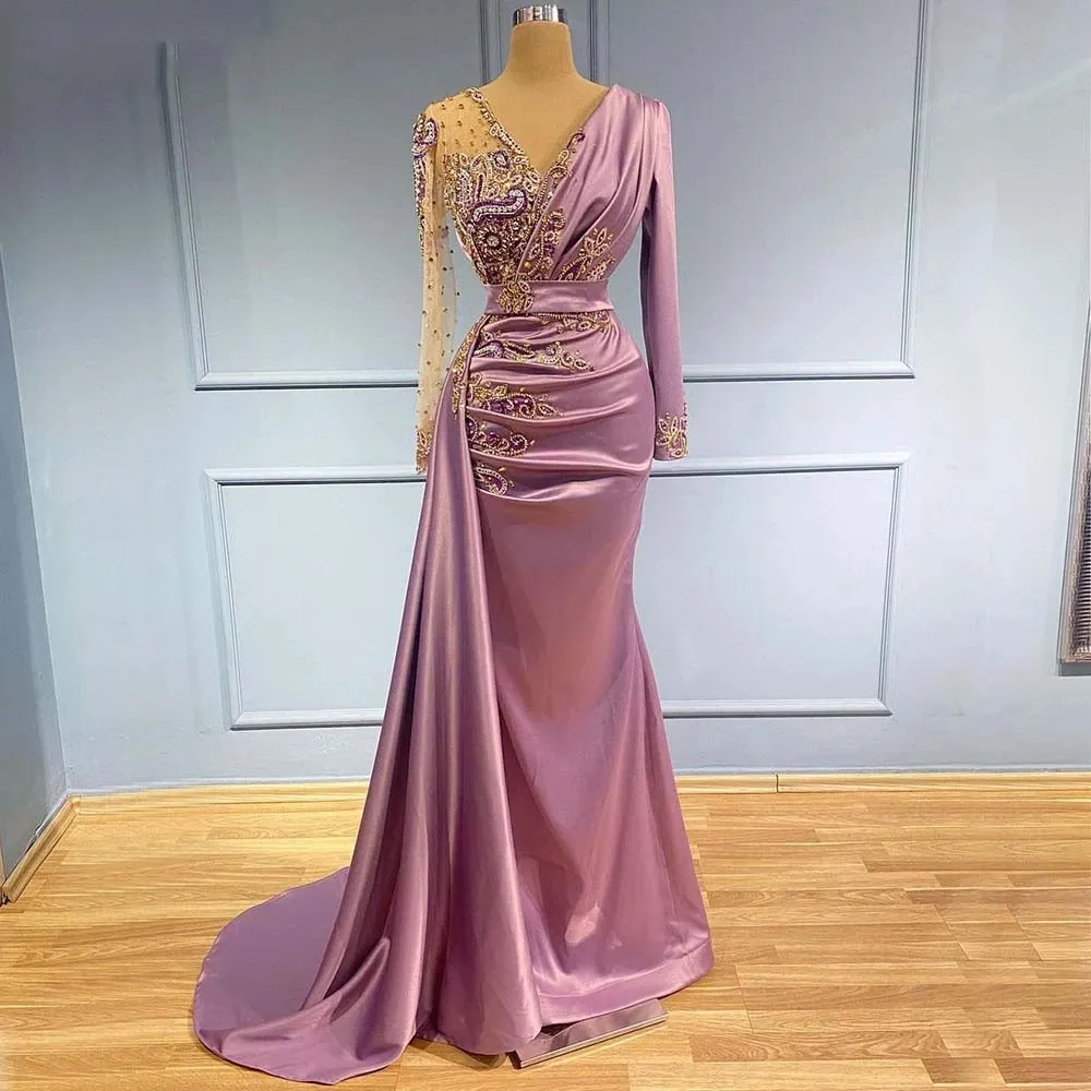 Легкие фиолетовые вечерние платья русалки 2022 Sheer V-шеи аппликации с бисером с длинным рукавом с длинными рукавами