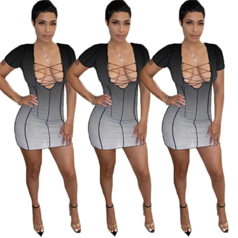 Frauen Linie Farbverlauf Kleider Mode Trend Kurzarm Hohe Taille Dünne Röcke Designer Sommer Weibliche Casual V-ausschnitt Bandage Dünnes Kleid